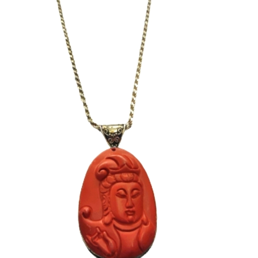 Vintage Sterling‎ and cinnabar Buddha necklace NWOT